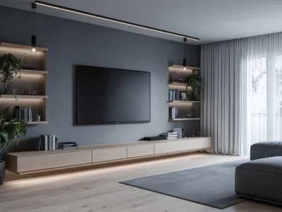 Modern living room large flat-screen TV mounted