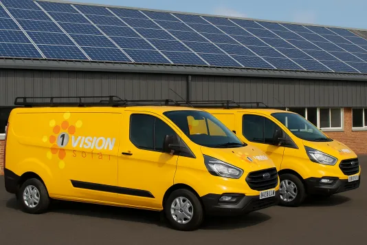 1 Vision Solar vans outside a commercial solar PV installation
